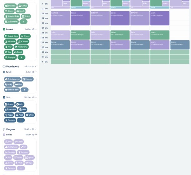 Skedzu 7 Day Canvas — week grid with color-coded life blocks