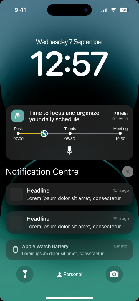 Skedzu Live Activity on the iPhone Lock Screen showing current block, next blocks, and a microphone